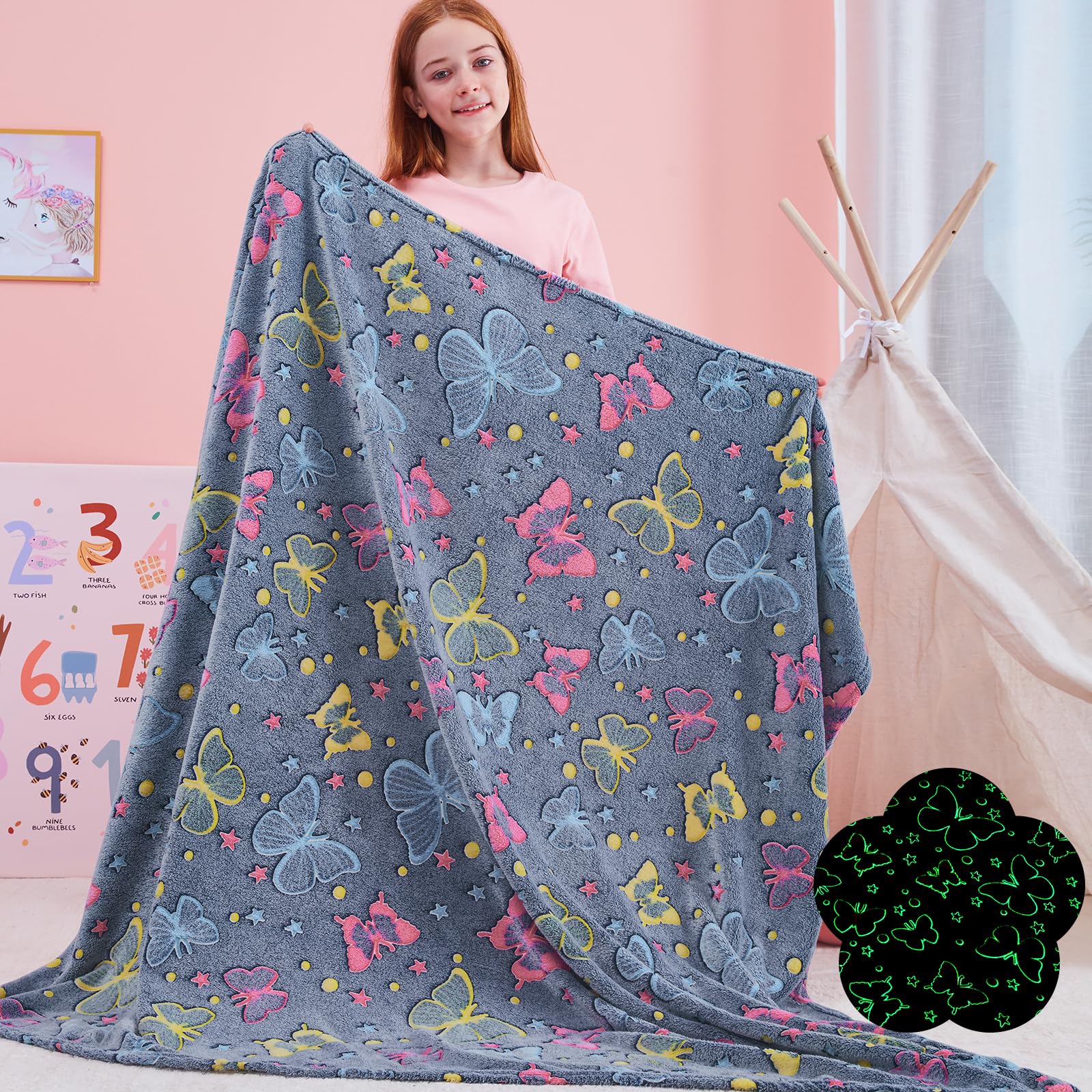 Qsteheml Butterfly Glow In The Dark Blanket,Butterfly Gifts For Girls Age 3 4 5 6 7 8 9 10 11 12 Year Old,Soft Throw Blanket For